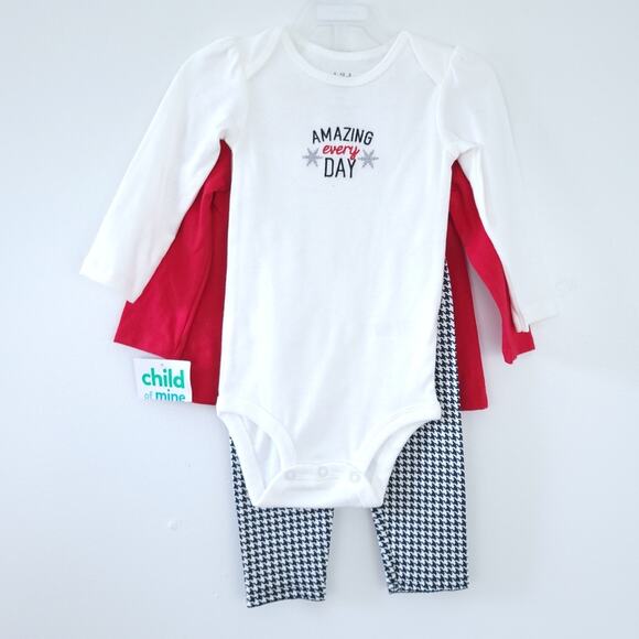 New 12 Month Girls 3 Piece Set, Houndstooth, Two Shirt, Pants Holiday Christmas - Picture 2 of 4